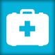 Icona di una cassetta di pronto soccorso bianca su sfondo azzurro.