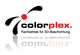 Logo von "Colorplex" mit Slogan: "Fachbetrieb für 3D-Beschichtung", schwarz-rotes Design.