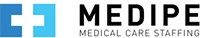 Logo von Medipe Medical Care Staffing mit einem blauen Kreuzsymbol.