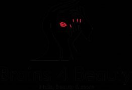 Minimalistisch logo met vrouw, rode lippen en nagels. Tekst: "Brains 4 Beauty, Nails, beauty & more".