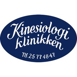 Kinesologi klinikken logo med telefonnummer 25 77 48 47 i hvid tekst på blå baggrund.