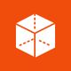A white cube icon with dotted lines on an orange background.