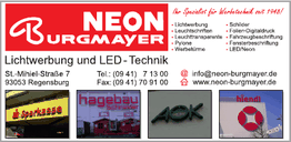 Werbung für Neon Burgmayer: Lichtwerbung, LED-Technik, Kontaktinfo und Logos von Projekten.