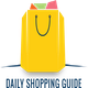 Yellow shopping bag with colorful tissue paper. Text reads: "Daily Shopping Guide."