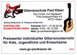 Visitenkarte der Gitarrenschule Paul Käser, mit Kontaktinformationen und Gitarrenabbildungen.