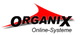 Logo mit rotem Pfeil und dem Text "Organix Online-Systeme".