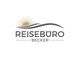 Logo mit Sonne, Wellen und Text "Reisebüro Becker" in Grau und Gold.