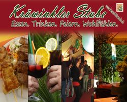 Werbung für Kränwinkler Stube, mit Essen, Getränken und Gästen in gemütlicher Atmosphäre.
