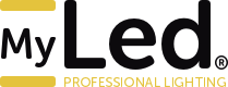 Logo de MyLed con texto "Professional Lighting" en letras negras y amarillas.
