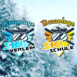 Logos für Braunlage Ski-Verleih und -Schule vor einem winterlichen Hintergrund.