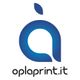 Logo blu con lettera stilizzata "a" e foglia, testo "oplaprint.it" in basso.