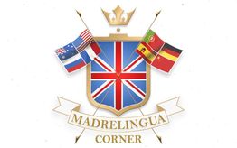 Stemma con bandiere internazionali e corona, testo: "Madrelingua Corner".