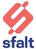Logo avec un symbole rouge au-dessus du mot "sfalt" en bleu.
