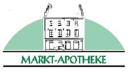 Zeichnung eines Gebäudes mit "Markt-Apotheke" Schriftzug auf grünem Hintergrund.