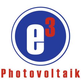 Logo mit blauem Kreis, darin "e3" in weiß/rot, unten steht "Photovoltaik" in roter Schrift.