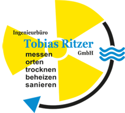 Logo von Ingenieurbüro Tobias Ritzer GmbH mit gelbem Kreis, Wellen und Text: messen, orten etc.