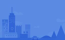 Blue cityscape with buildings, a car, and triangular trees under a cloudy sky.