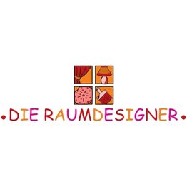 Logo mit der Aufschrift "DIE RAUMDESIGNER", Symbolen für Vorhänge, Lampe, Teppich, Vase.