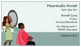 Visitenkarte von Haarstudio Annett mit Friseurbild und Kontaktdaten.