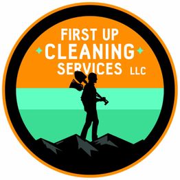 First Up Cleaning Services LLC logo with a silhouette of a cleaner on mountains.