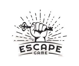 Hand hält Schlüssel mit Strahlen, darunter steht "Escape Game" in Großbuchstaben.