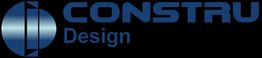 Logo mit blauem Kreis und Text "CONSTRU Design" auf schwarzem Hintergrund.