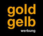 Schwarz-weißes Logo mit orangefarbenem Text: "gold gelb werbung".