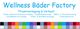 Banner mit Text "Wellness Bäder Factory" und farbiger Kachelreihe darunter. Dienstleistungen gelistet.