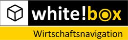 Logo mit weißem Würfel, Text "white!box" oben und "Wirtschaftsnavigation" auf gelbem Balken unten.