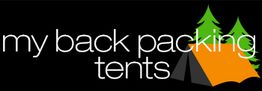"Logo: 'my backpacking tents' with a graphic of a tent and trees on a black background."