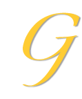 Buchstabe "G" in gelber, kursiver Schrift auf weißem Hintergrund.