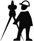 Silhouette eines Landvermessers mit Helm, der ein Messgerät benutzt.