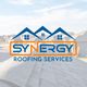 Logo of Synergy Roofing Services overlaid on a rooftop with houses in the background.
