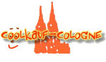 Textlogo mit Kölner Dom in Orange, Schriftzug: "Coolkauf-Cologne" in gelb-roter Farbe.