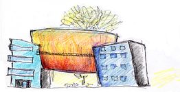 Bunte Zeichnung eines runden Gebäudes mit Bäumen, flankiert von blauen rechteckigen Strukturen.