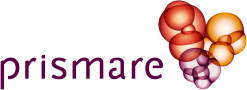 Logo van Prismare met paarse tekst en kleurrijke bubbels aan de rechterkant.
