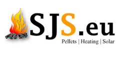 SJS.eu-Logo mit Flamme links, Text: Pellets, Heating, Solar.