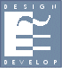 Graues Logo mit Text "DESIGN" und "DEVELOP", stilisierte Grafik in der Mitte.