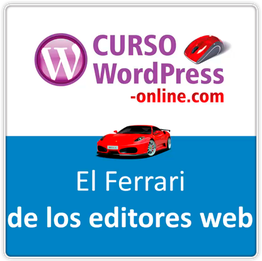 Curso de WordPress online con logo, ratón rojo y Ferrari en fondo azul y blanco.