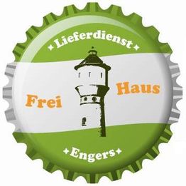 Grüner Flaschenverschluss mit Turm und Text: "Lieferservice Frei Haus Engers".