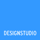 Blaues Quadrat mit weißem Text "DESIGNSTUDIO" unten.