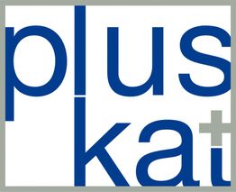 Textlogo mit den blauen Buchstaben "pluskat" und einem grauen Kreuzzeichen im Rahmen.