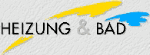 Logo mit den Wörtern "Heizung & Bad", gelber und blauer Pinselstrich im Hintergrund.