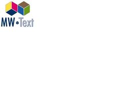 Logo mit drei farbigen Würfeln und Text "MW•Text" in Blau auf weißem Hintergrund.