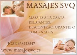 Hombre y mujer recibiendo masajes. Texto de Masajes SVQ y contacto: masaje, relajante y combinado.