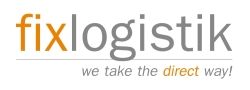 Logo mit dem Text „fixlogistik“ und Slogan „we take the direct way!“ in Orange und Grau.