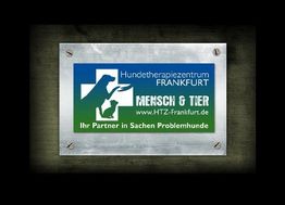 Schild mit Logo: Hundetherapiezentrum Frankfurt, Mensch & Tier, Partner für Problemhunde.