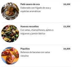 Menú con paté de oca, huevos revueltos y piquillos. Precios: 18€, 13,50€, 16,80€.