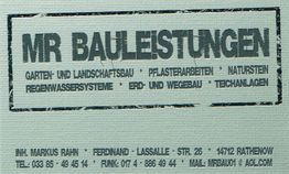 Visitenkarte von MR Bauleistungen: Gartenbau, Pflasterarbeiten, Erd- und Wegebau, Rathenow.