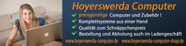 Frau am Laptop, Text: "Hoyerswerda Computer" mit Angeboten, 2 Webadressen unten.